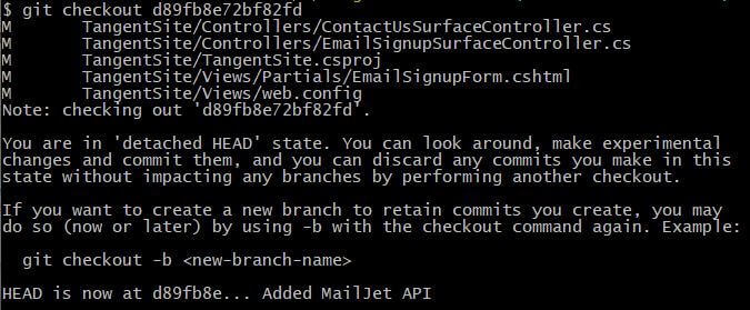 git checkout against a commit command output