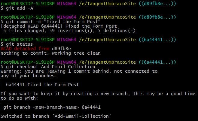 git checkout with orphaned change output