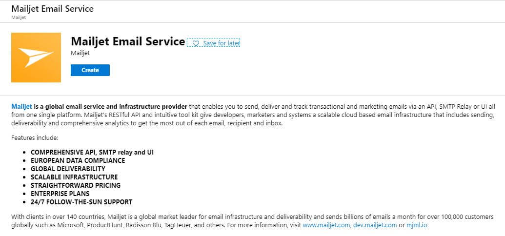 Azure Marketplace MailJet Service