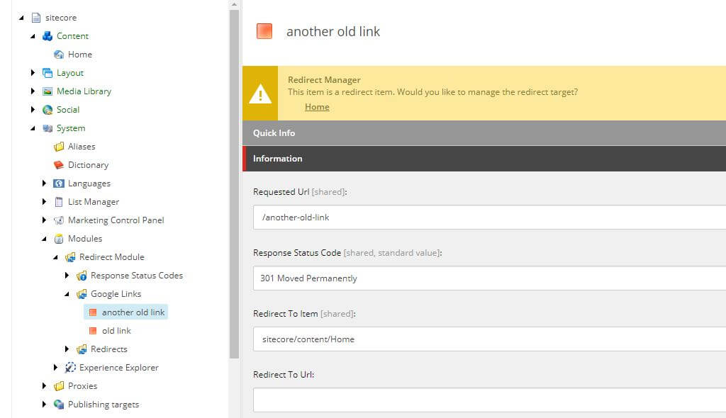 Sitecore Modules 301 Redirect Sitecore UI