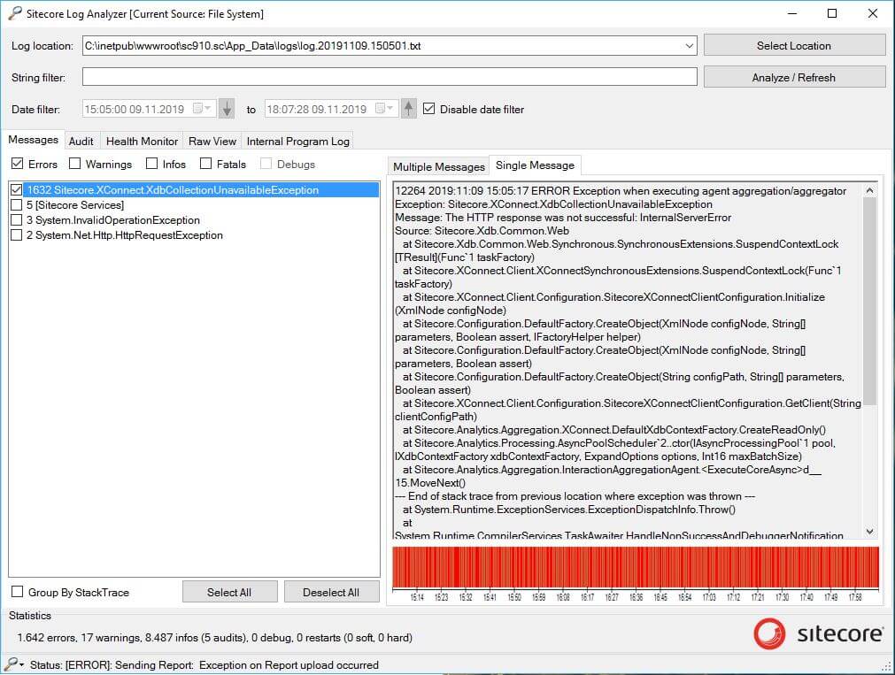 Sitecore Tool Log Analyzer Screen with Errors