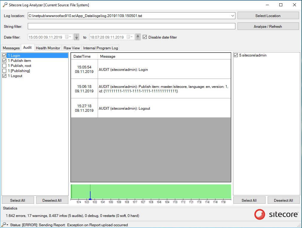 Sitecore Log Analyzer showing login and publish audit