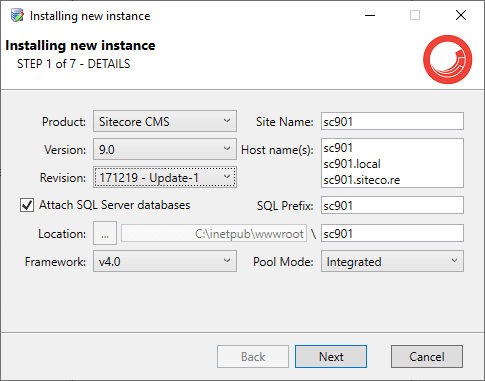 Sitecore Instance Manager UI showing selected Sitecore Version