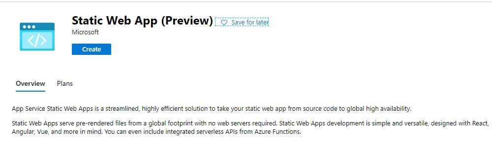 Azure Static Web App Summary Screen