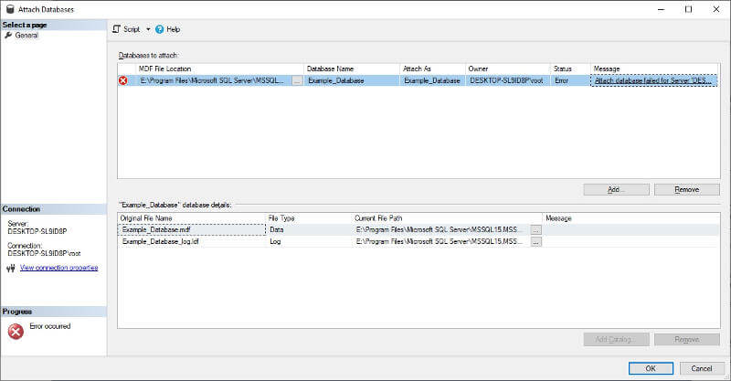 SQL Server Attach Database Error Message Link