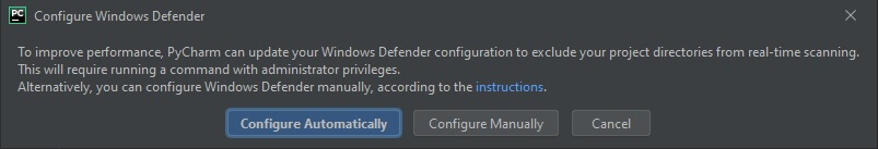 PyCharm Configure Antivirus Popup