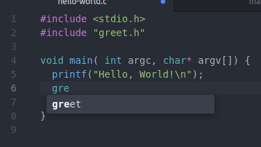 Atom autocomplete displaying the greet function