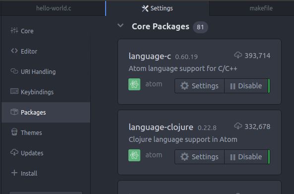 Atom Package Settings showing Language-C package installed