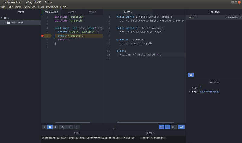 Atom C debugger showing a breakpoint, variable values and debugger controls
