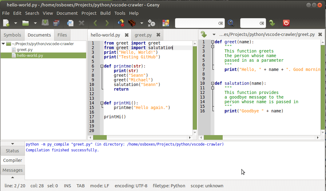 Geany Python Code in split windows with folder view enabled