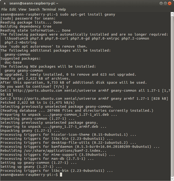 Geany Raspberry Pi install output Ubuntu 16.04