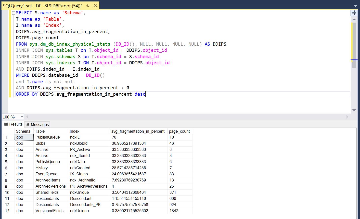 SSMS Fragmented Index Report