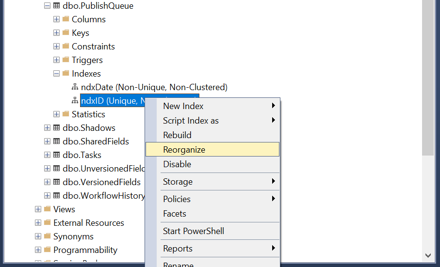 SSMS Defragment Index